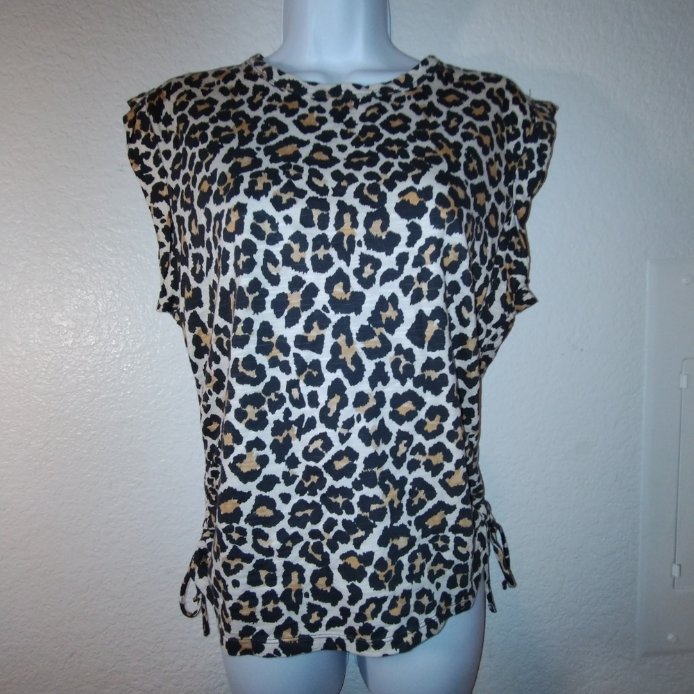 DKNY JEANS Leopard Print Top S/L 100% Cotton Ruching Ties on Sides sz Medium
